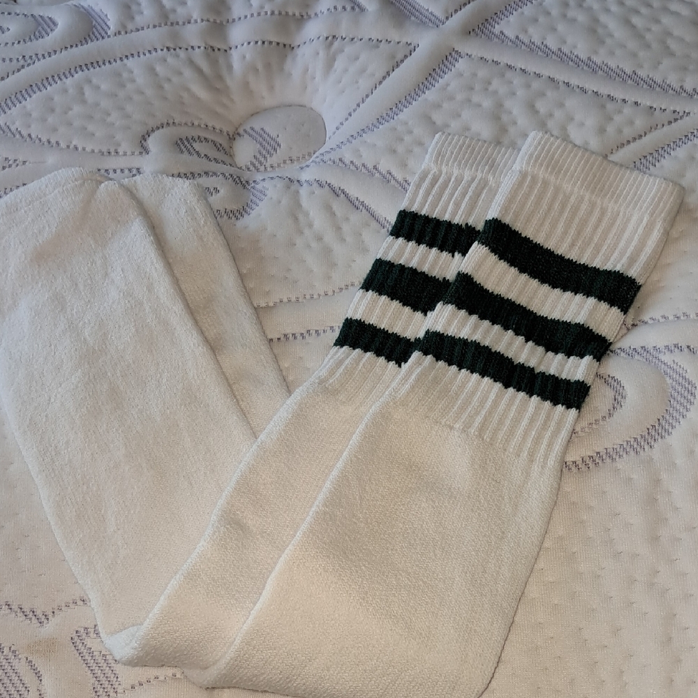 Vintage Long White W/Green Stripes Tube Socks